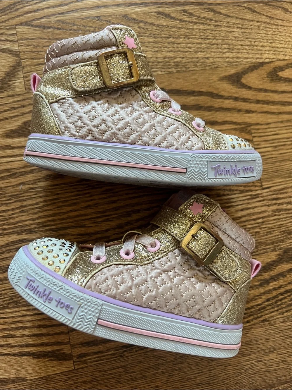 Skechers Twinkle Toes Gold Glitter & Pink High-Top Sneakers for Kids